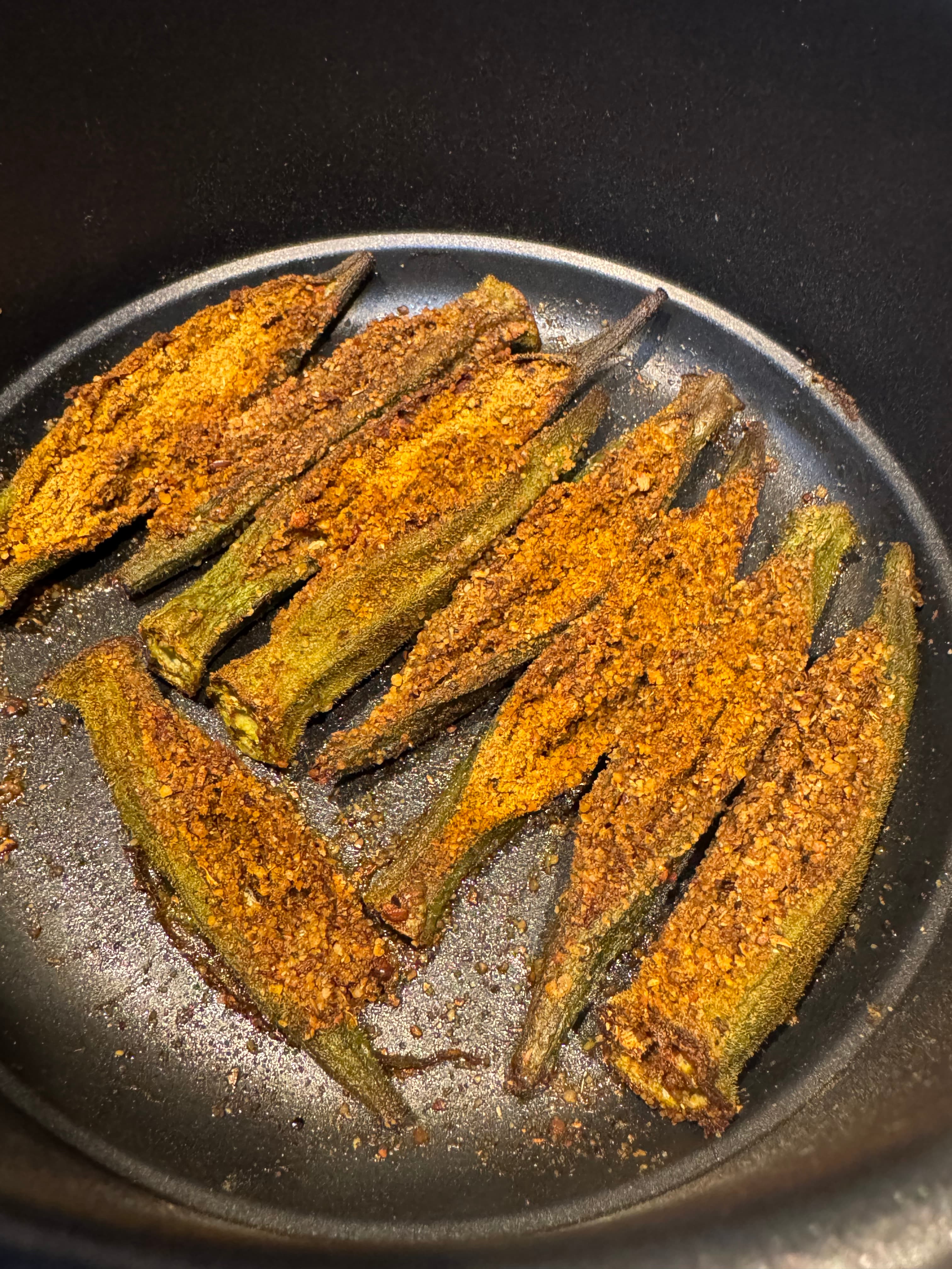 Pan-cook until the stuffing is toasted and the okra is tender.