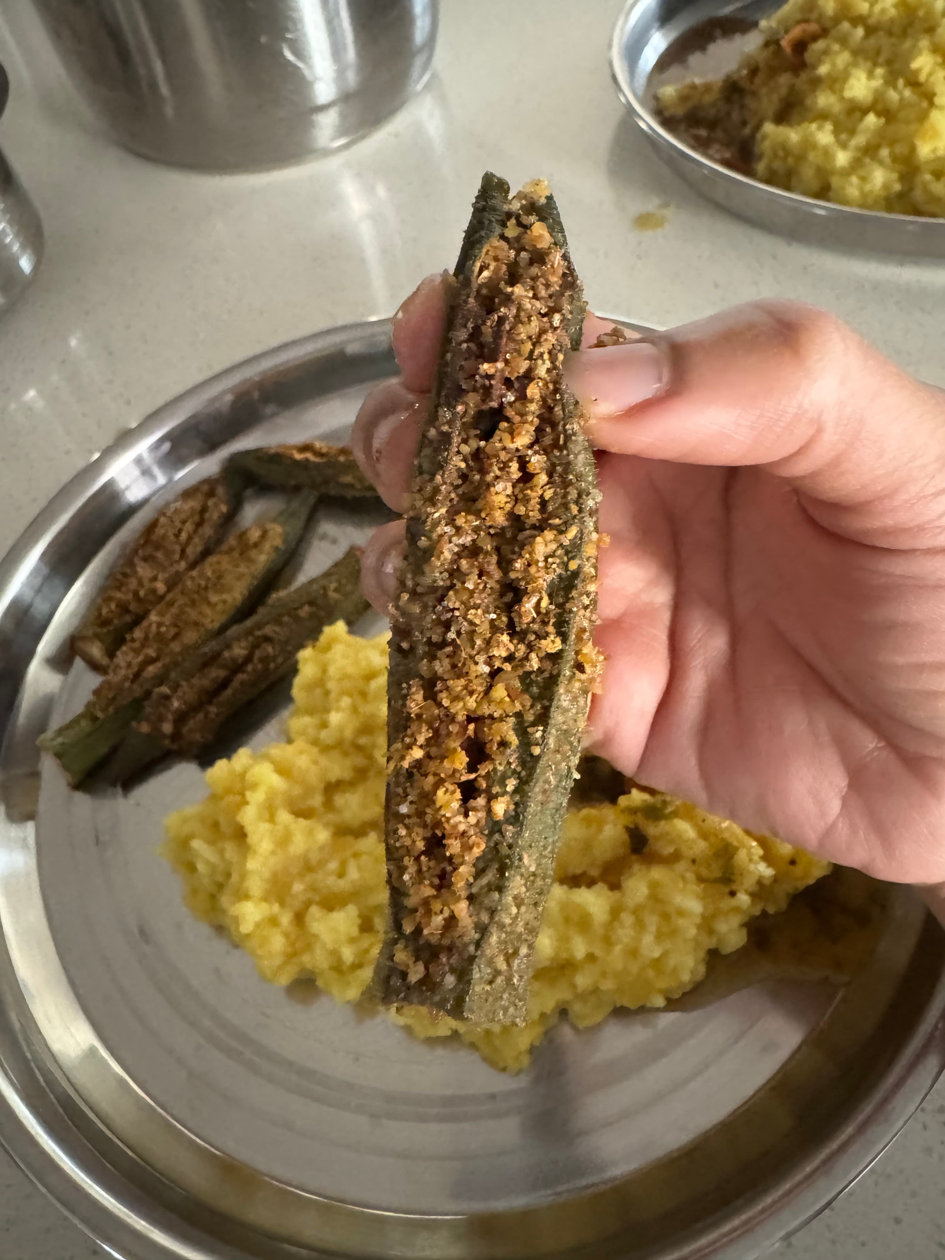 Finished stuffed bhindi, ready to eat.